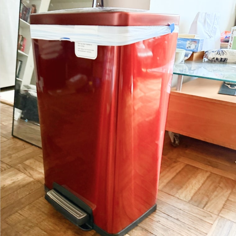 Photo of red can with trash bag in it