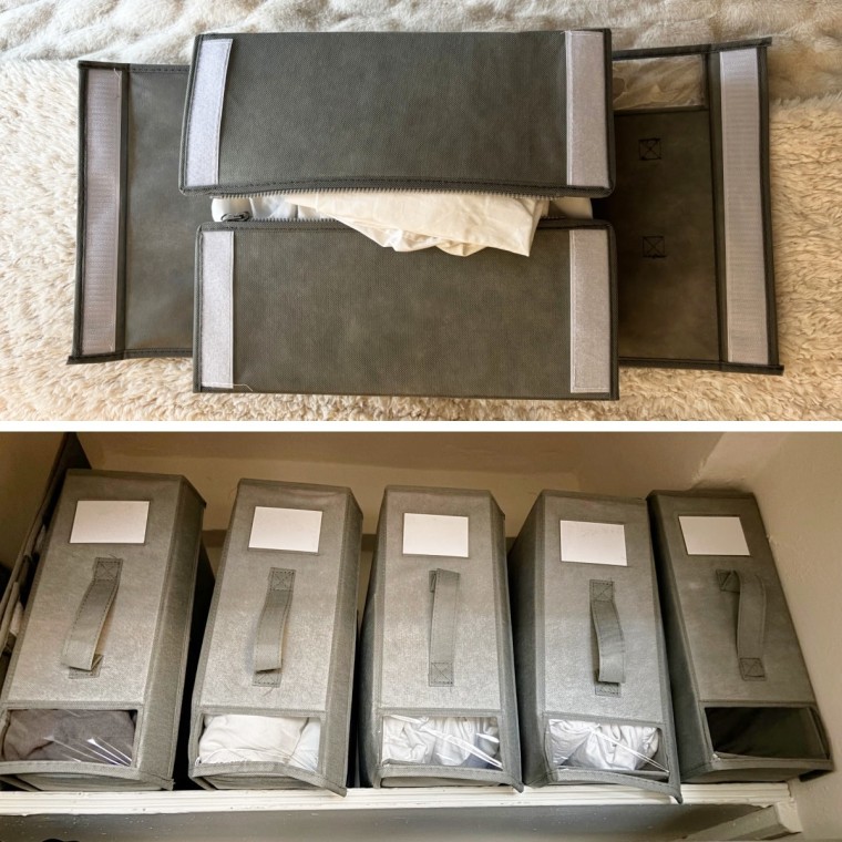 A set of grey WowBox Sheet Organizers lined up on a closet shelf.
