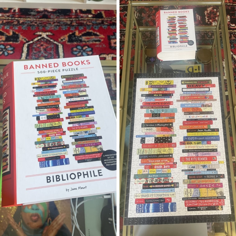 Right: Bibliophile puzzle box on a glass table in front of a red carpet; Left: Completed Bibliophile puzzle on a glass table.