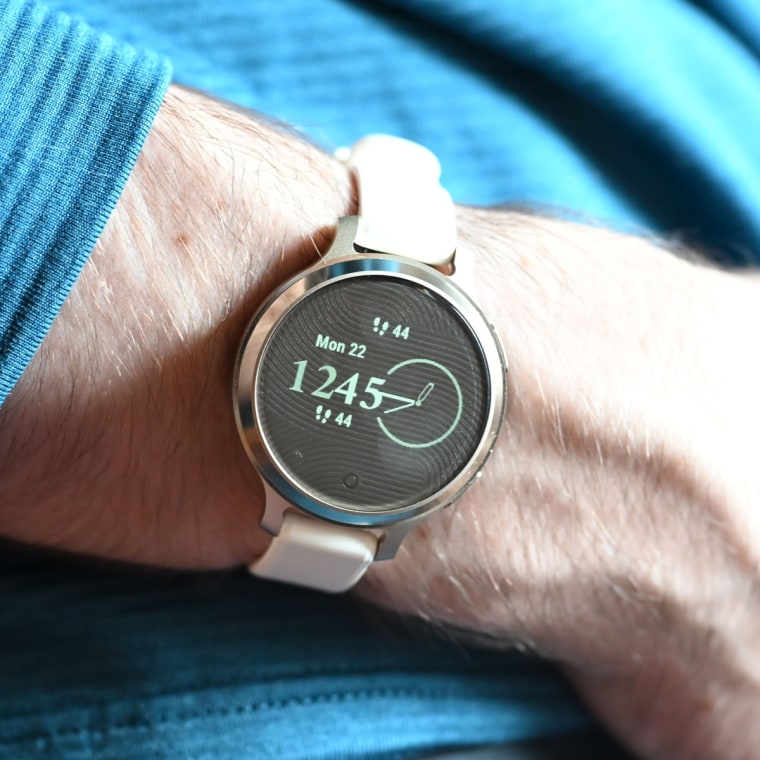 A close-up of the Garmin Lily 2 Active on the wrist of the writer.