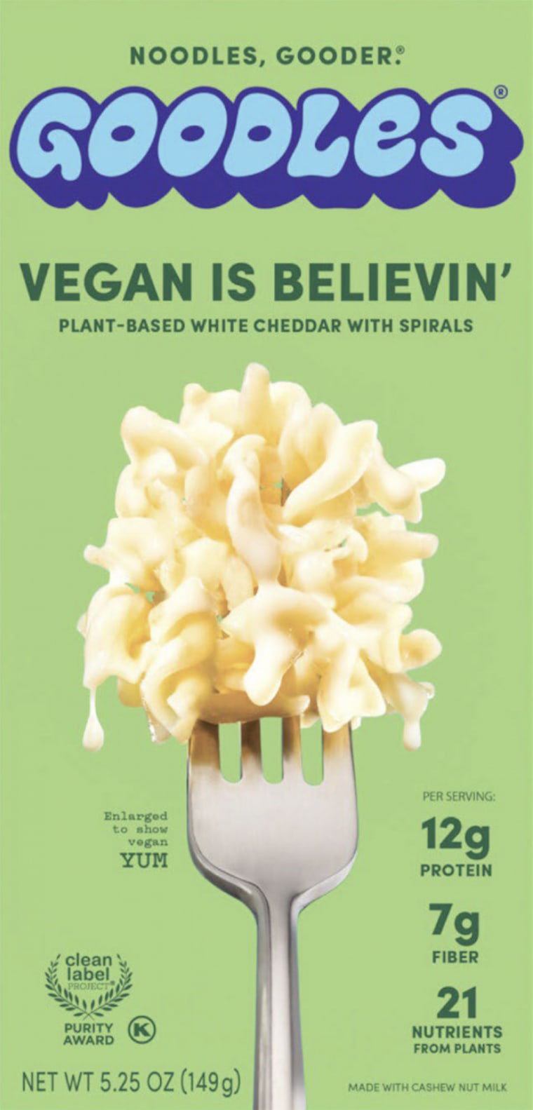 Goodles' Vegan Is Believin’ — Plant Based White Cheddar.