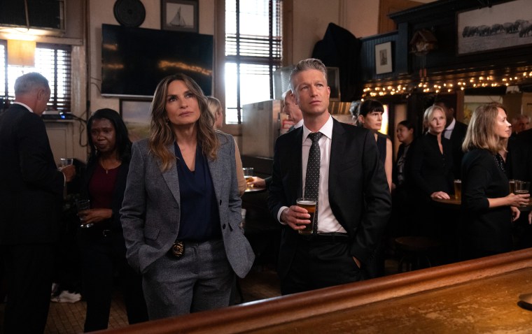Mariska Hargitay as Capt. Olivia Benson, and Peter Scanavino as A.D.A Dominick "Sonny" Carisi Jr.  in season 27 of "Law & Order: Special Victims Unit."