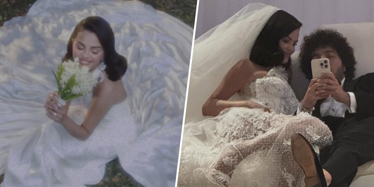 Gomez em seu primeiro e segundo vestido de noiva.