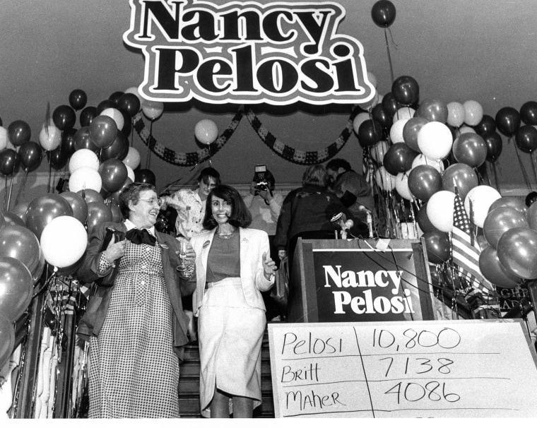 Nancy Pelosi at election headquarters on primary election night, April 7, 1987.