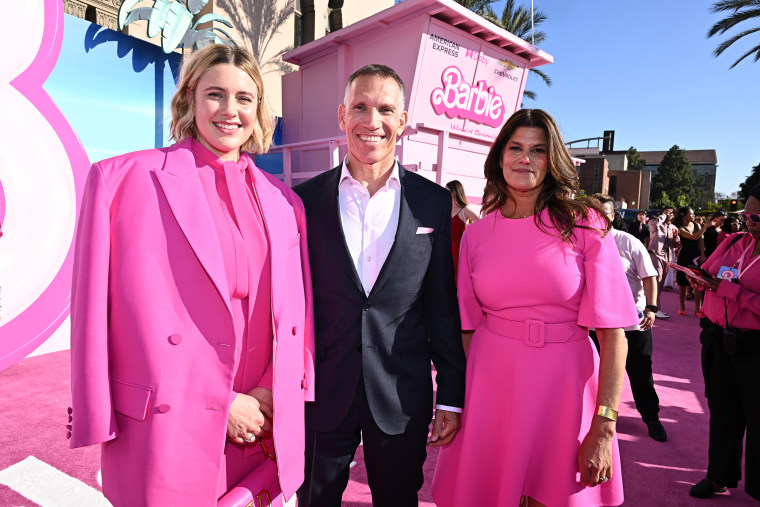 Greta Gerwig, Ynon Kreiz and Robbie Brenner at the Barbie world premiere in Los Angeles.
