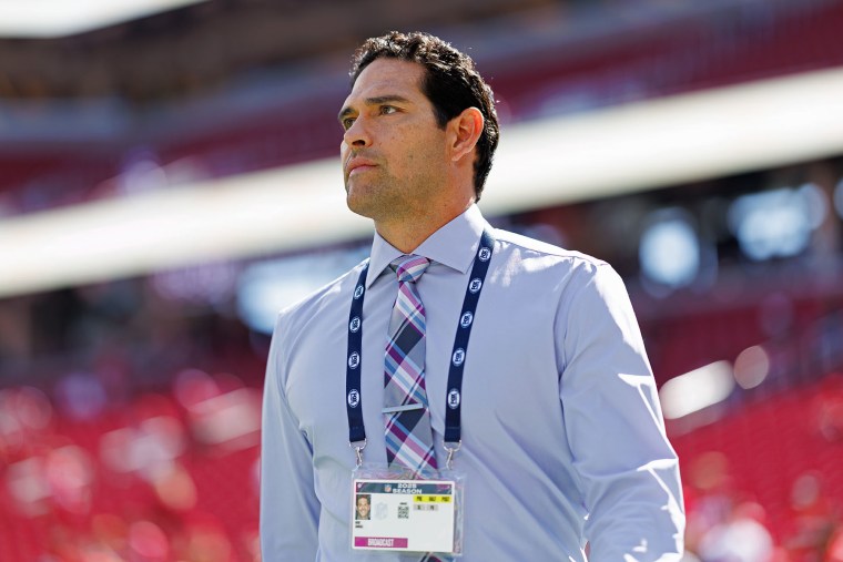 NFL broadcaster Mark Sanchez on the field prior to a San Francisco 49ers game on Sept. 21, 2025 in Santa Clara, Calif.
