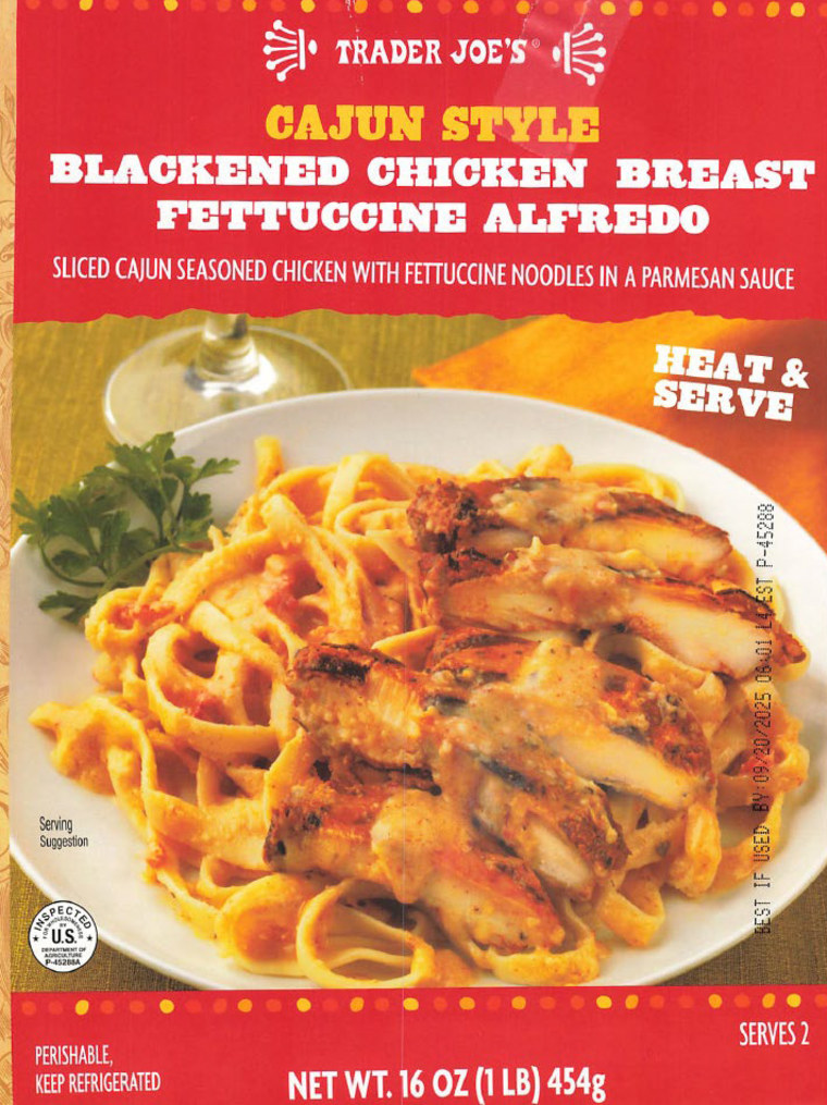 A box of Trader Joe's Cajun Style Blackened Chilcken Breast Fettuccine Alfredo.