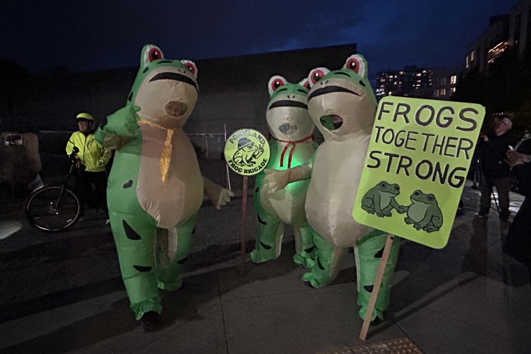 Protests in Portland outside the ICE facility on Thursday, Oct. 9 2025.