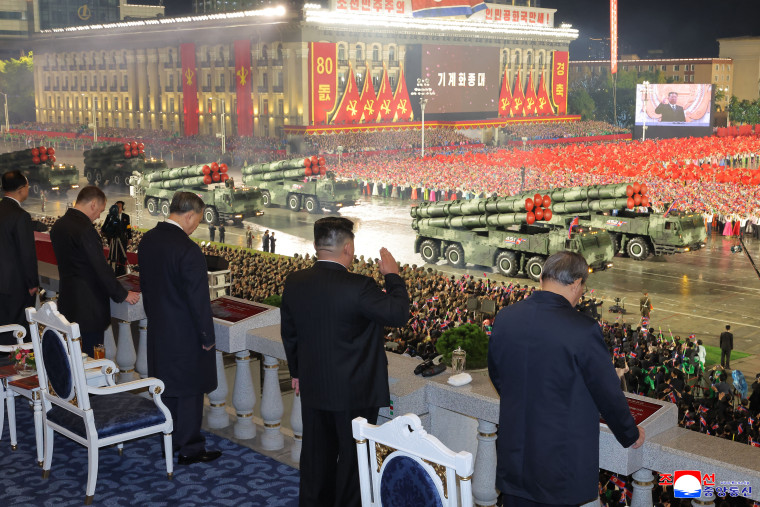 A photo released by North Korea's Korean Central News Agency on October 11, 2025 shows North Korean leader Kim Jong Un, Chinese Premier Li Qiang, Vietnam's Communist Party General Secretary To Lam, and Putin ally Dmitry Medvedev attending a military parade.