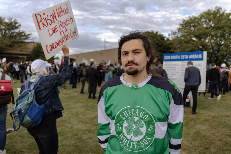 Bryan Brannon stands outside of the Broadview ICE processing facility in Broadview, IL on Friday, Oct. 10, 2025.