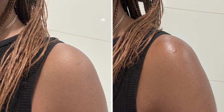 Left: Dry shoulder in front of white bathroom tile; Right: Shoulder with Naturium Body Oil applied in front of white bathroom tile.