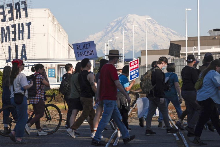 Mt. Rainer looms in the background as demonstrators march to the Northwest ICE Processing Center 