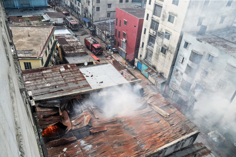 Aerial view of burning factory 