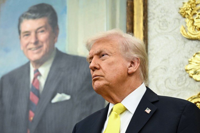 Donald Trump, behind him is a painted portrait of Ronald Reagan