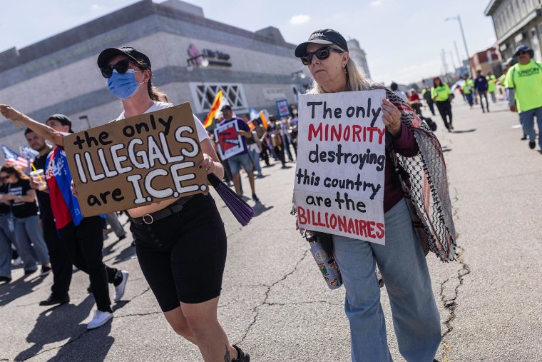 Unions and immigrant rights organizations protest immigration raids in Los Angeles on Oct. 4, 2025.