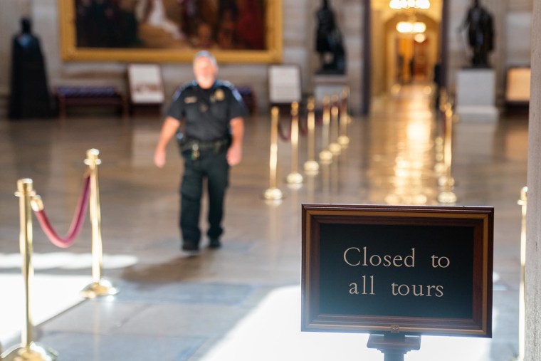 a sign that reads "Closed to all tours." shown in the Capitol rotunda on the ninth day of the government shutdown in Washington, Thursday, October 9, 2025.