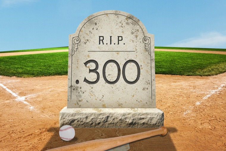 Photo illustration of a headstone on a baseball field that reads "R.I.P. .300"
