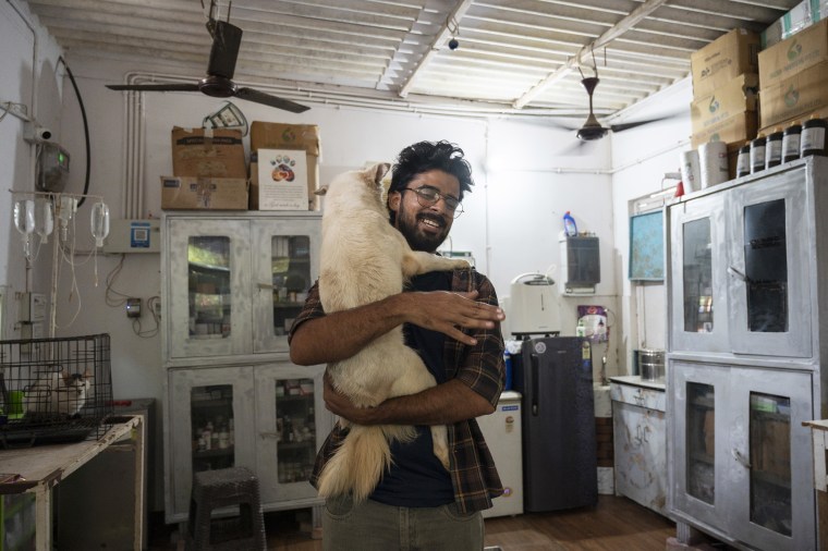 Malik playing with a stray dog at the shelter as it recuperates from injuries.