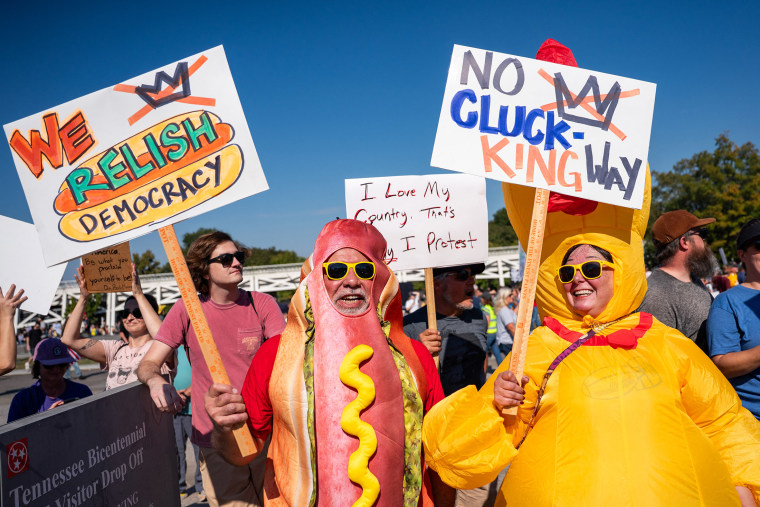 People participate in a "No Kings" national day of protest in Nashville, Tennessee, on October 18, 2025.
