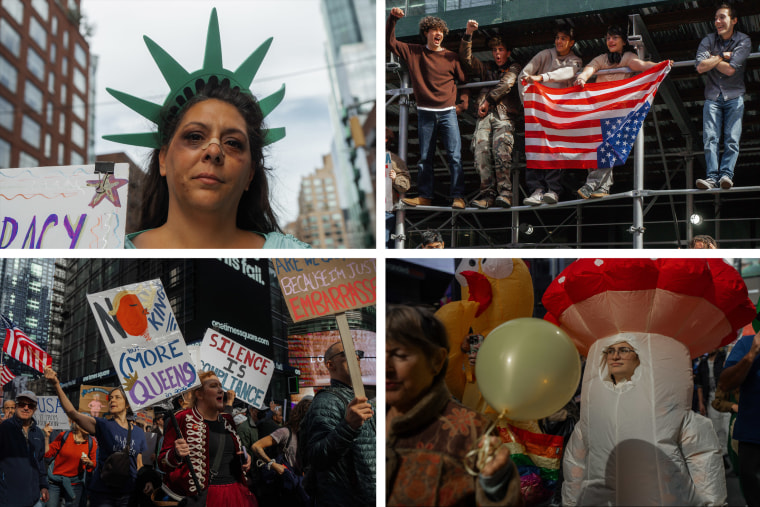 New Yorkers take to the streets at the "No Kings" protests on Saturday, Oct. 18, 2025, in New York City.