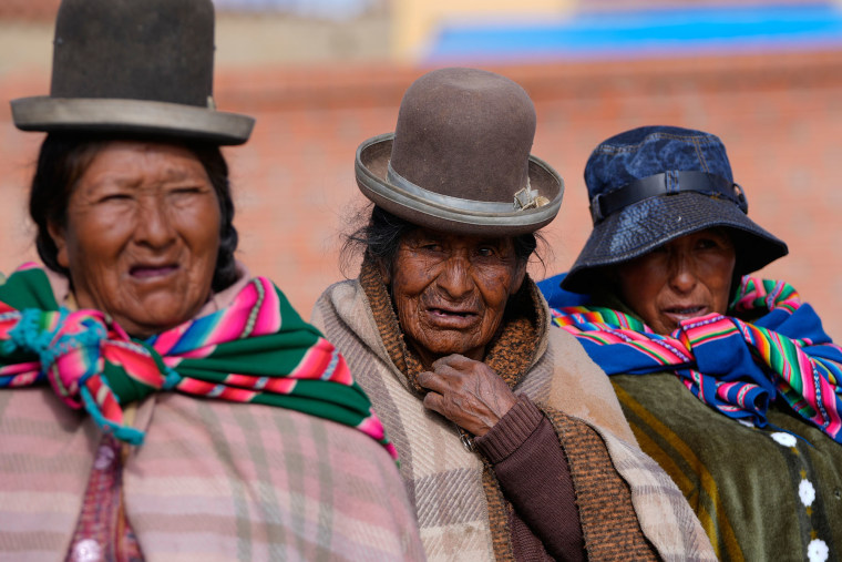 Voters line up at a polling station in Achacachi, Bolivia, Sunday, Oct. 19, 2025.