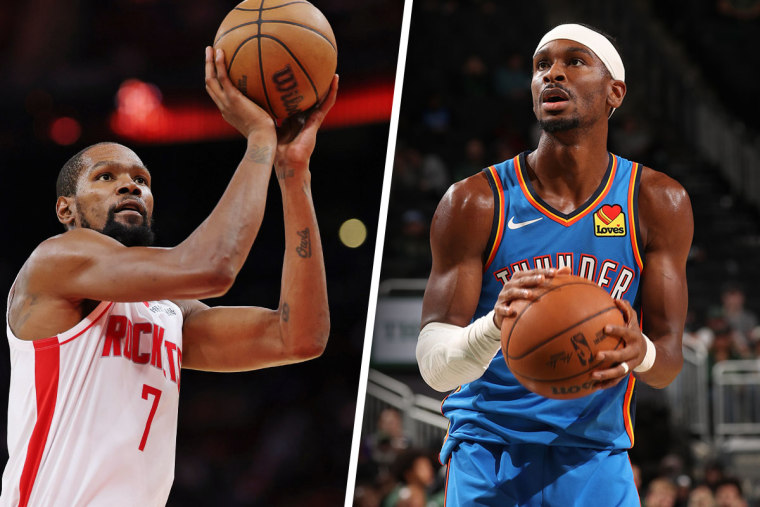 Kevin Durant van de Houston Rockets en Shai Gilgeous-Alexander van de Oklahoma City Thunder.