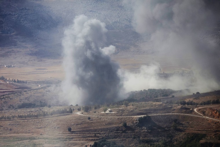 Smoke rises following an Israeli strike on the outskirts of Ej Jarmaq, Lebanon, on Oct. 20, 2025.