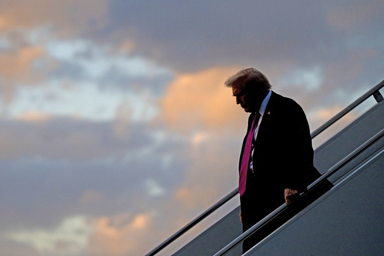 President Donald Trump disembarks from Air Force One upon arrival in West Palm Beach, Fla., on Oct. 17, 2025, as he travels to Mar-a-Lago for the weekend. 