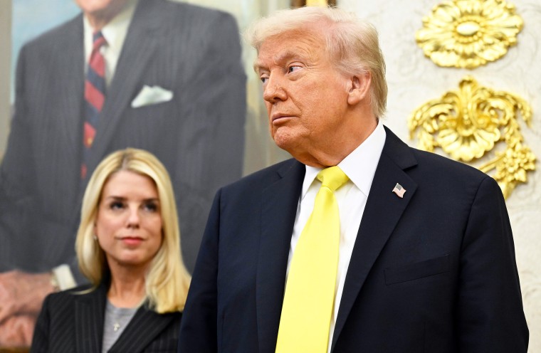 President Donald Trump and Pam Bondi in the Oval Office.