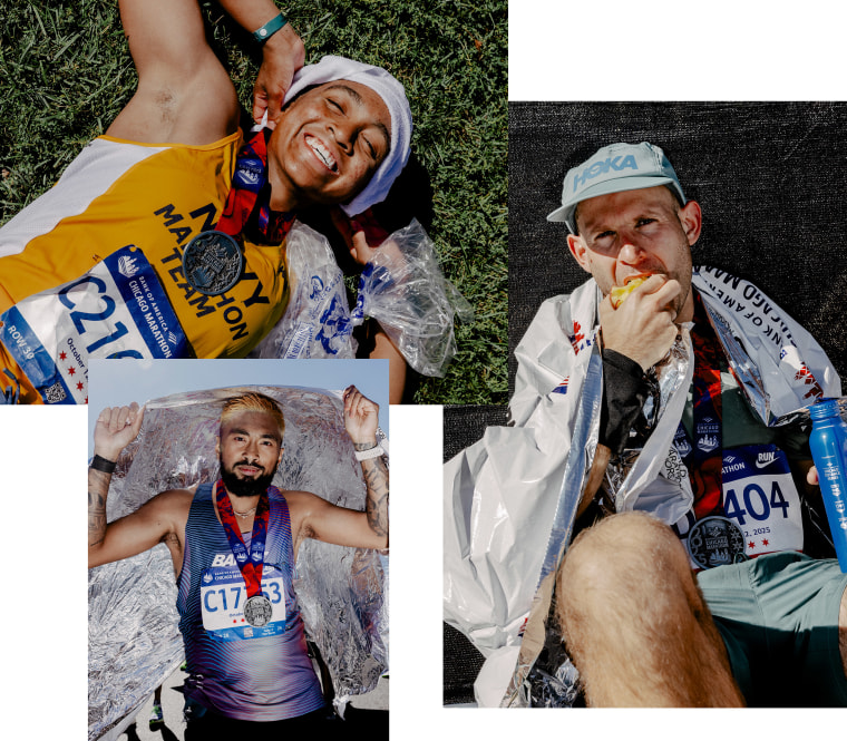 Chicago Marathon finishers celebrate their success.