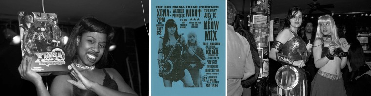 A poster promoting Xena Warrior Princess Night at Meow Mix and two photos taken at the late '90s event.