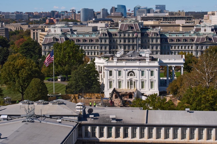 Work continues on the largely demolished part of the East Wing of the White House, Thursday, Oct. 23, 2025.