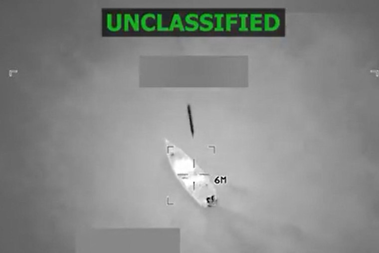 A video posted by Defense Secretary Pete Hegseth on X reportedly shows U.S. military forces conducting a strike on a vessel in the Caribbean Sea on Oct. 23, 2025.