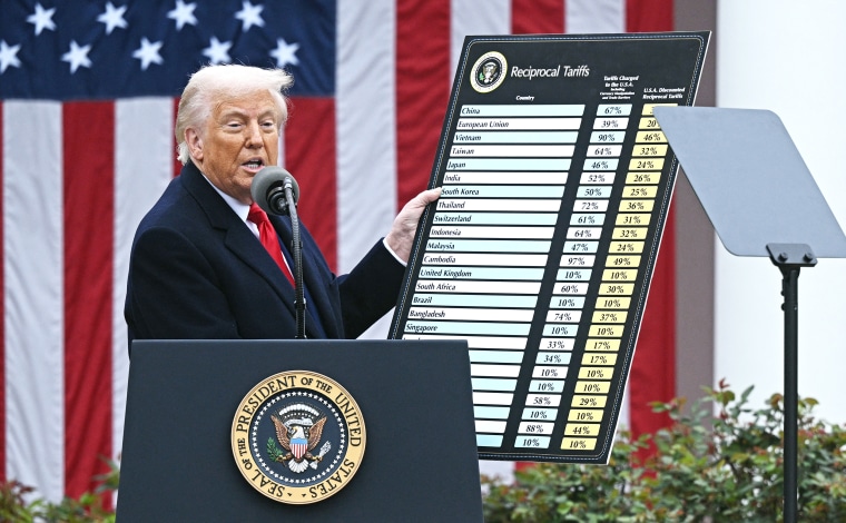 US President Donald Trump holds a chart as he delivers remarks on reciprocal tariffs at the White House.