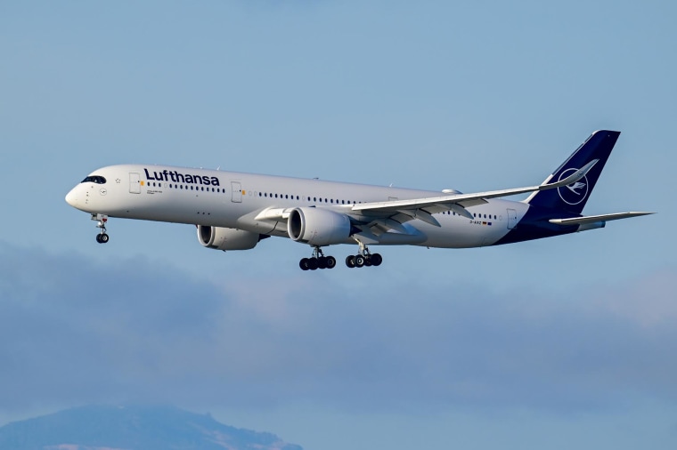 A Lufthansa Airlines plane in flight.