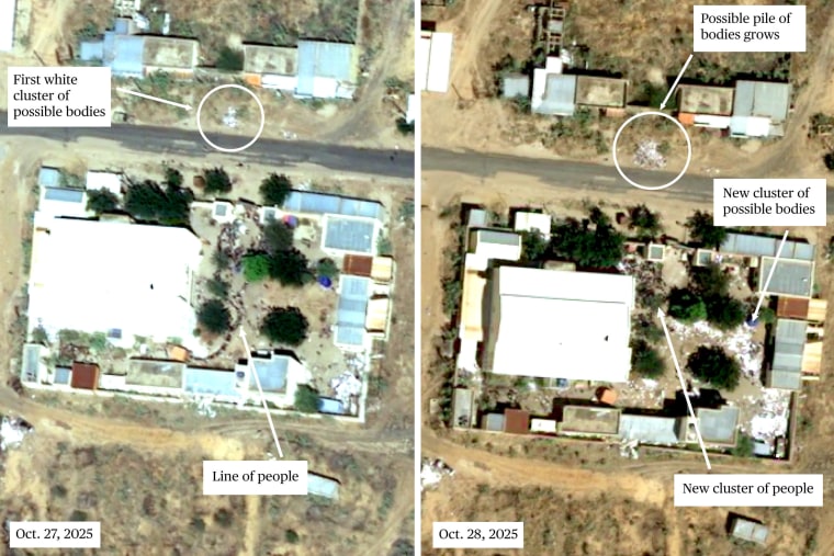 In satellite imagery collected on Monday, clusters of dark colored objects consistent with people create a large line outside a former children's hospital, stretching from the building to the gate of the compound. Across the street, a new cluster of white objects appear that are not seen in imagery collected on Sunday.
In imagery collected on Tuesday, dark colored objects of a similar size and color as the line seen in previous imagery now appears tightly grouped together. In the same
image, a new set of light-colored objects appears in the southeast corner of the compound. Across the street, the object cluster appears to grow.