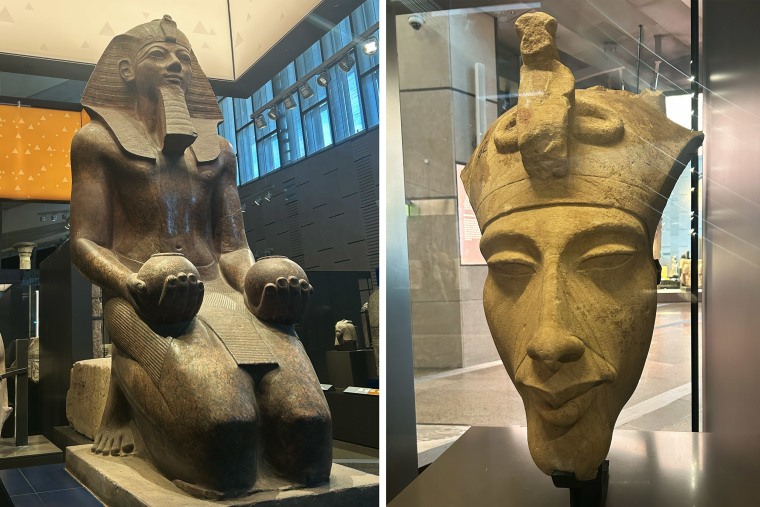 3,500 year old Granite Kneeling Statue of Queen ruler Hatshepsut, left, and 3,350 year old Statue Head of Akhenaten made of sandstone, on display in the museum.
