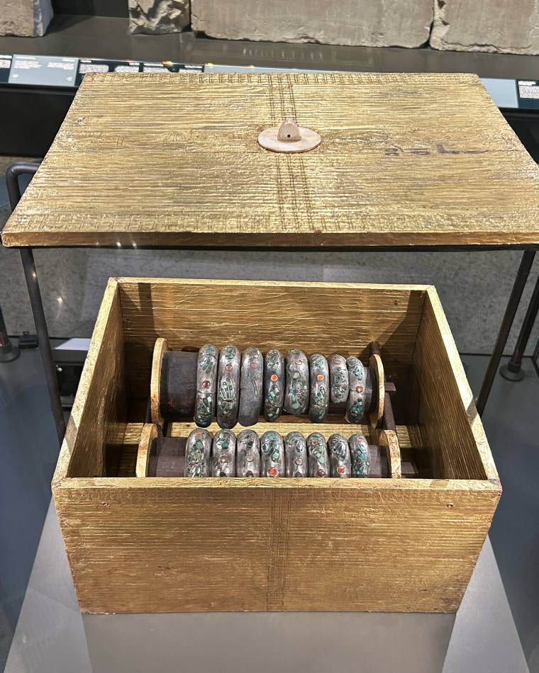 Silver bracelets  of Queen Hetepheres inlaid with turquoise, lapis lazuli and carnelian in chest covered with gold leaf.