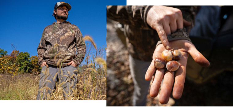 Brandon Hill holds hybrid American chestnuts harvested on his farm.