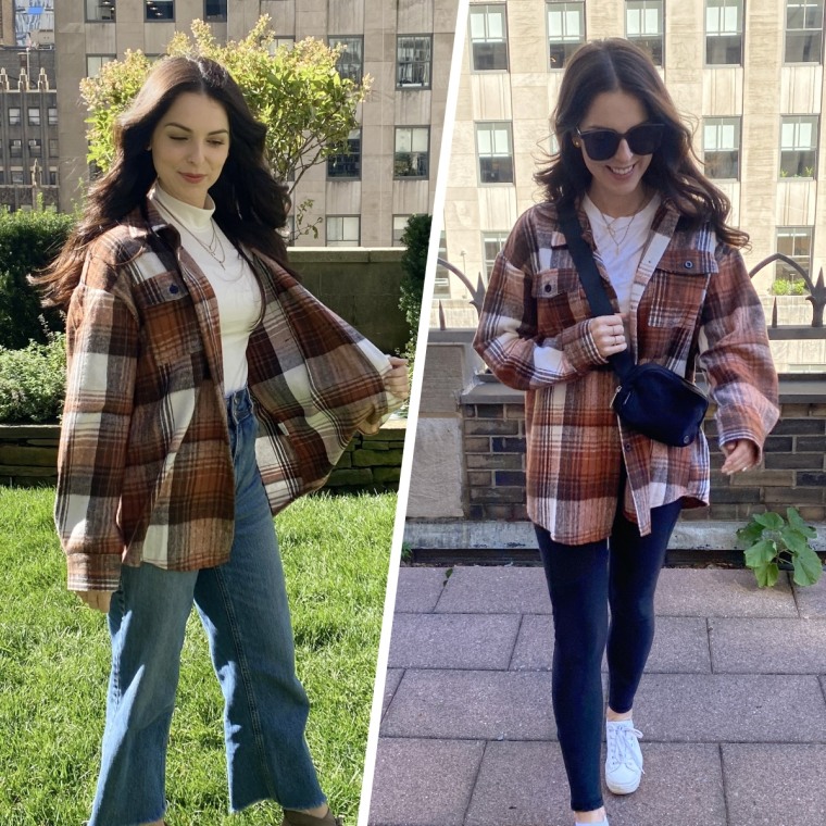 Associate editor Shannon Garlin models the Automet Plaid Shacket.