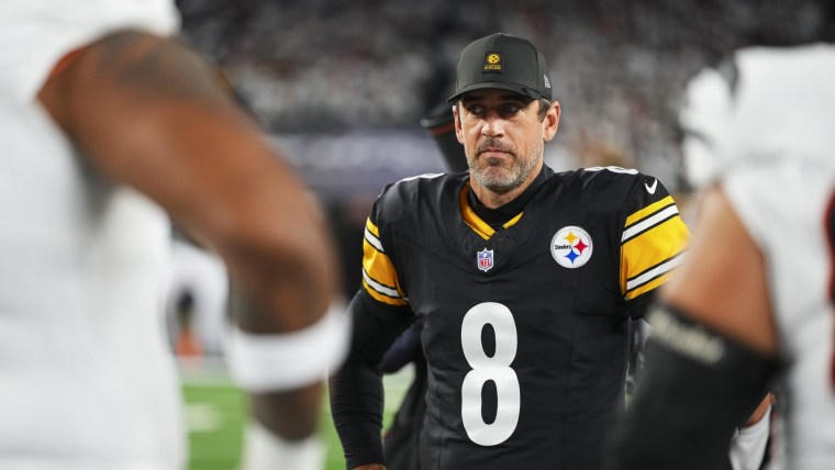 CINCINNATI, OH – OCTOBER 16: Aaron Rodgers #8 of the Pittsburgh Steelers looks from the field during the coin toss before an NFL football game against the Cincinnati Bengals at Paycor Stadium on October 16, 2025 in Cincinnati, Ohio. (Photo by Cooper Neill/Getty Images)