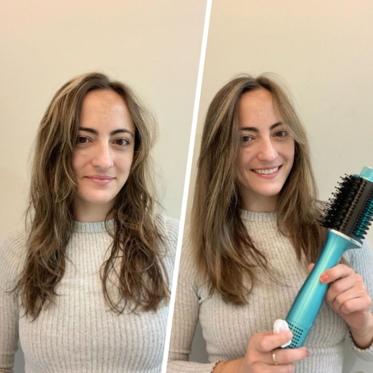 Murphy before and after using the Shark Glossi 2-in-1 Hot Tool and Air Glosser.