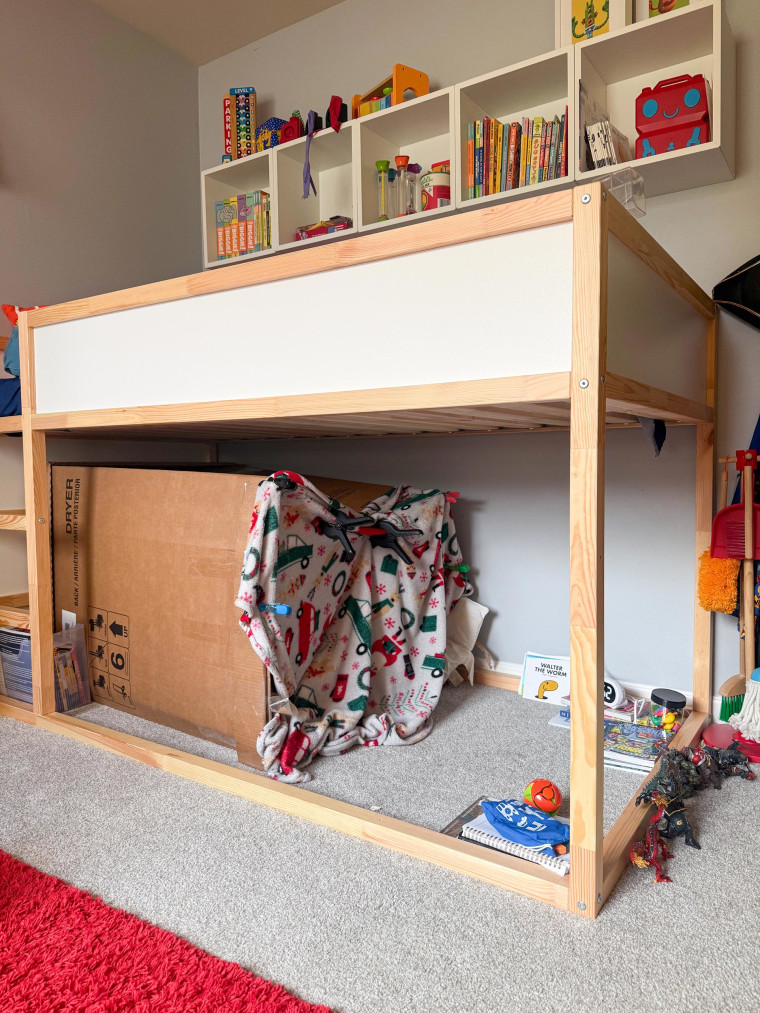 Matt will one day, eventually, phase out the box in favor of this loft bed ... unless Allison gives in to his request for a refrigerator box.