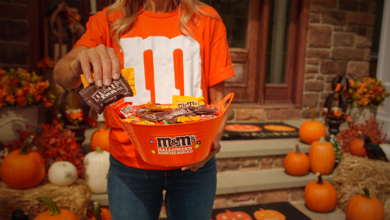 A bowl of M&M's on Halloween.