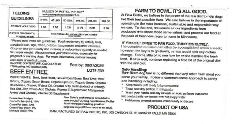 Raw Bistro recall label