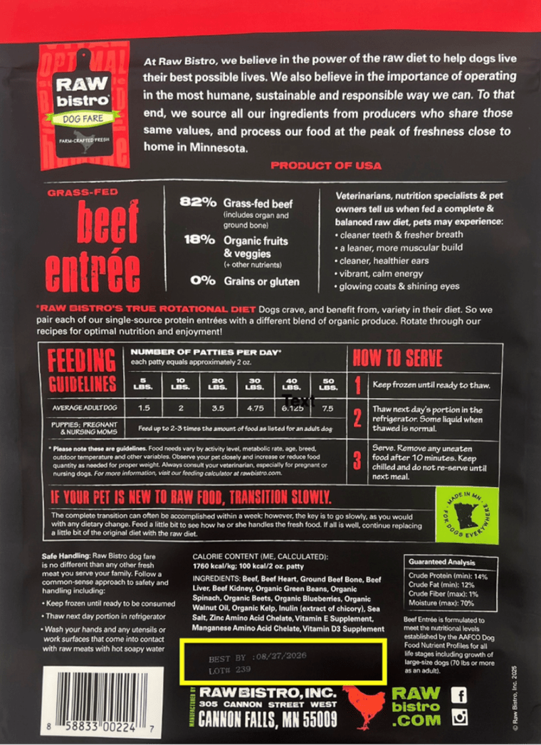 Information about the Raw Bistro Dog Fare Beef Entree recall