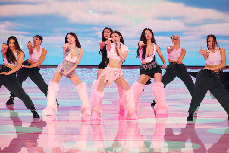 (L-R) Momo, Jihyo, Nayeon and Tzuyu of TWICE perform on the runway for Victoria's Secret Fashion Show 2025 on October 15, 2025 in New York.