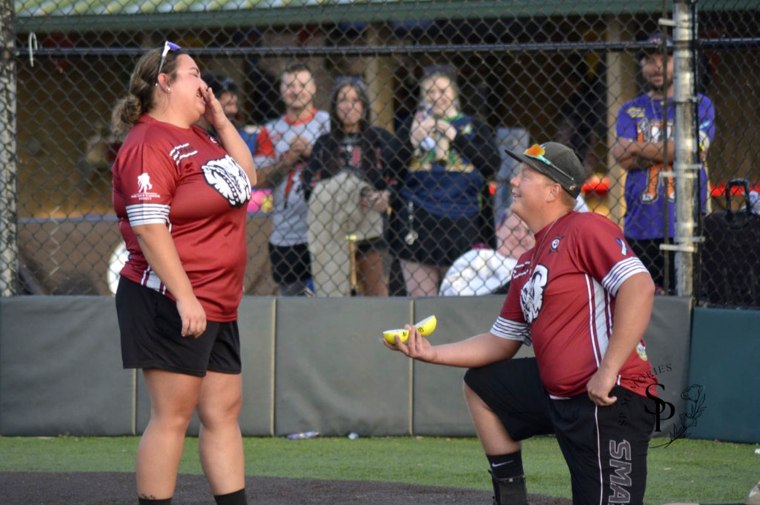 Nicole Colley walked past her own proposal during a softball game.