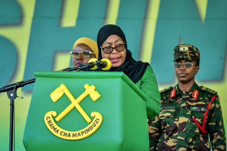 Tanzania's incumbent President Samia Suluhu Hassan delivers her remarks during the party's closing campaign rally in Mwanza on Oct. 28.