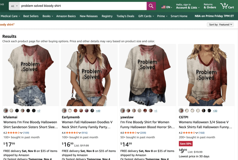 An Amazon listing of t-shirts reading "Problem Solved" and covered in a fake blood graphic.